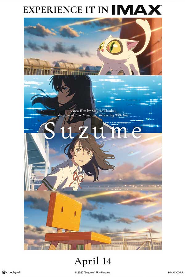 film poster for "Suzume" of four pictures in a column - the first is a cat, then a boy, then a girl, then a chair