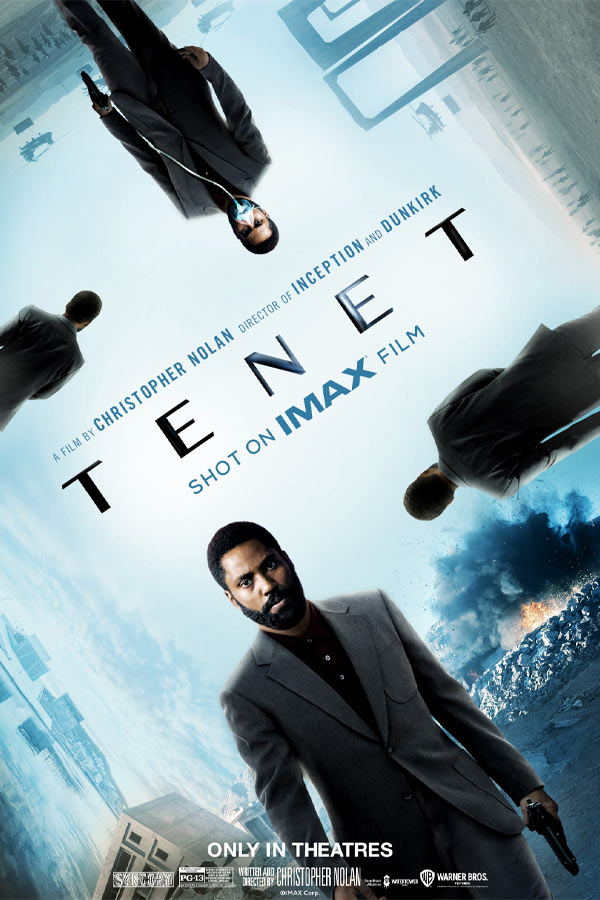 4 iterations of the same man in a grey suit carrying a gun with montaged background of the sky, buildings, and an explosion. Text that reads, A Film by Christopher Nolan, Director of Inception and Dunkirk, TENET, Shot on IMAX Film