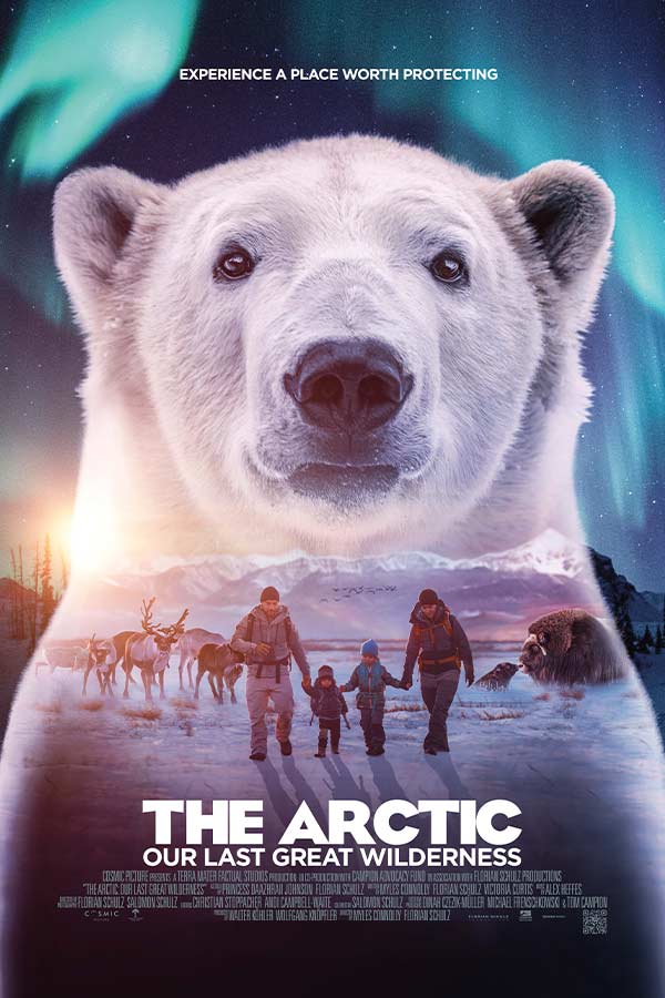 poster of the film "The Arctic" with a face of polar bear and a group of adults and children walking through the snow
