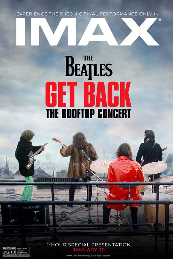 poster of "The Beatles: Get Back" showing all four members of the Beatles on a rooftop playing their instruments