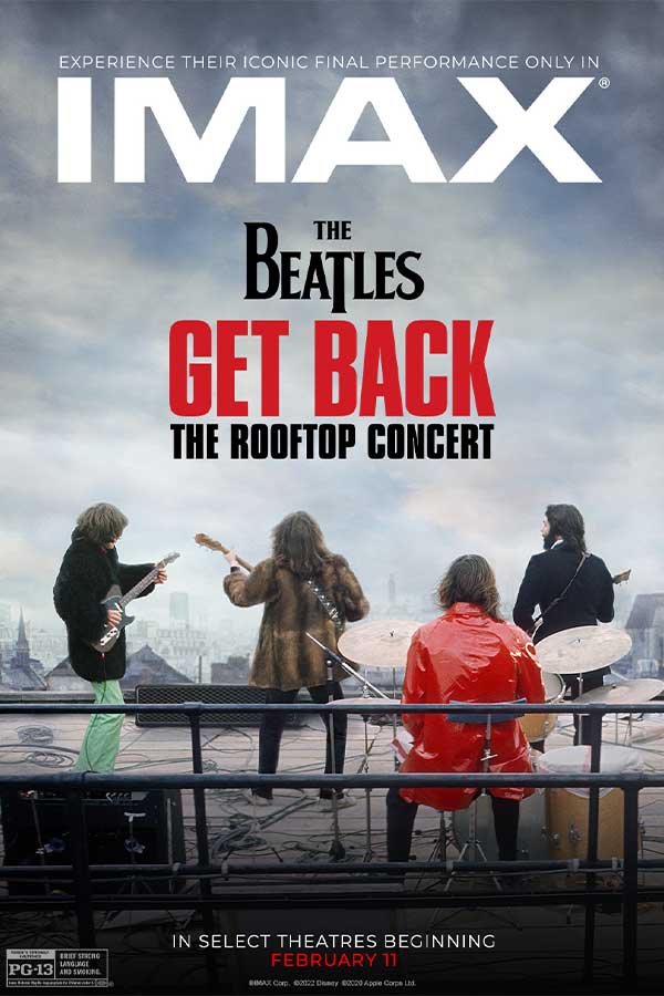 poster of "The Beatles: Get Back" showing all four members of the Beatles on a rooftop playing their instruments