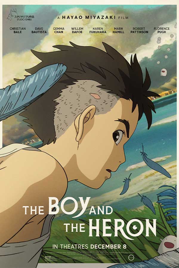 film poster for "The Boy and the Heron" of an illustration of a young boy with the side of his head shaved and blue feathers floating around him
