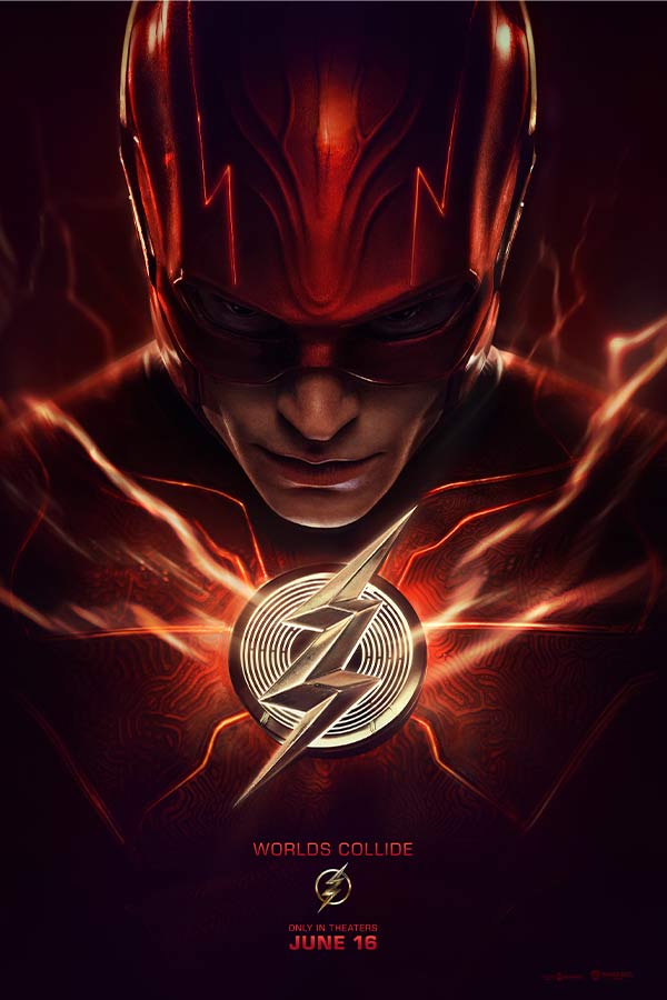 film poster for "The Flash" of a man looking down, wearing a red superhero suit with lighting bolts in the background
