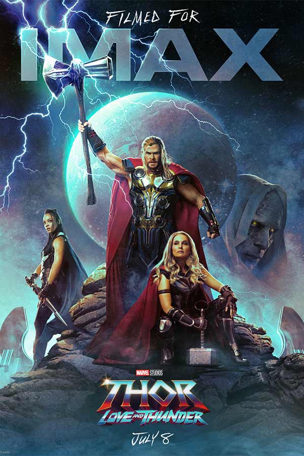 film poster for "Thor Love and Thunder" of Thor and three characters from the film standing on a rock with a large planet in the background