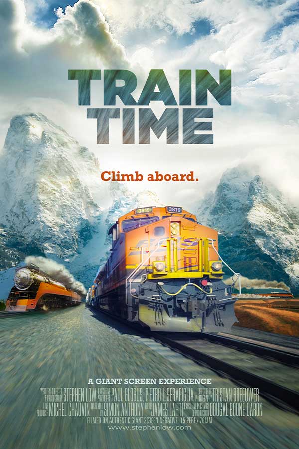 poster of the film "Train Time" of an orange train barreling forward with snowy mountains in the background