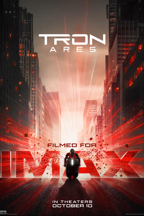 film poster for "Tron: Ares" with a person riding a motorcycle.