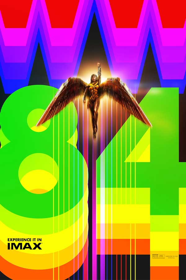 Wonder Woman in a gold outfit with golden wings spread out, her left fist is in the air. The background is rainbow colored spelling out "WW 84"