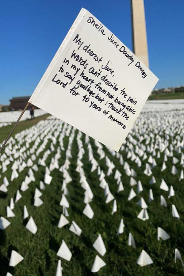 close up of a white flag with a hand written note on it amongst thousands of white flags in a field