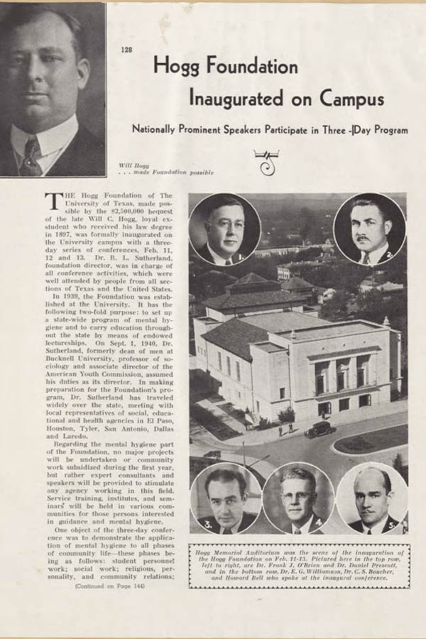 news paper clipping with a column of text on the left, photograph of the UT campus on the right