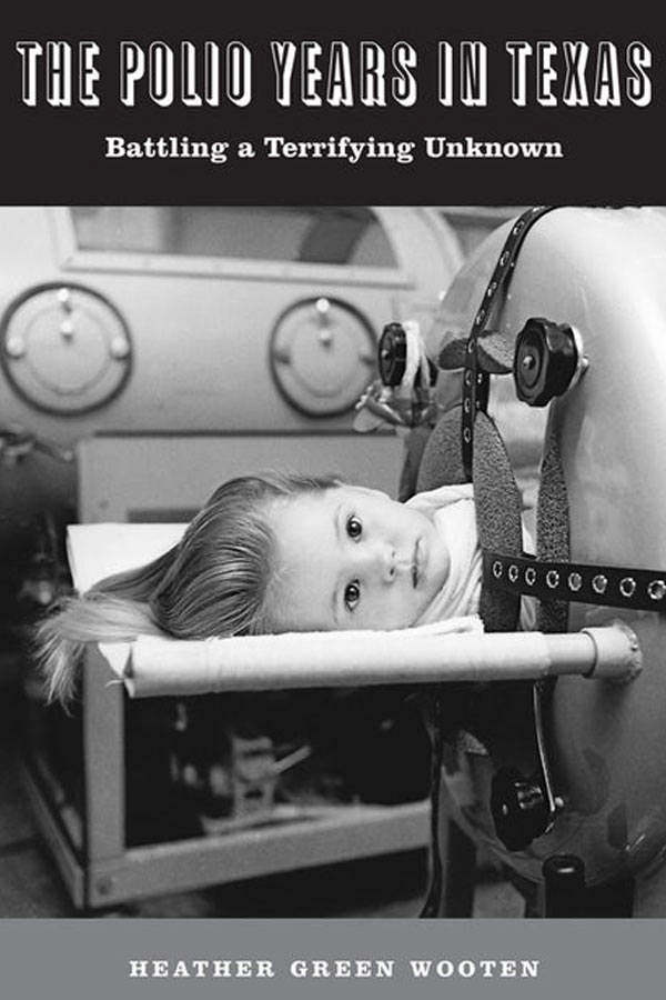 Black and white image of child in an iron lung getting tested for polio. Text on image, 