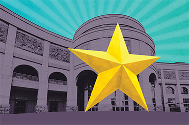 stlyized image of the front of the Bullock Museum with a vibrant yellow Star, bright blue sky, and pale purple museum building