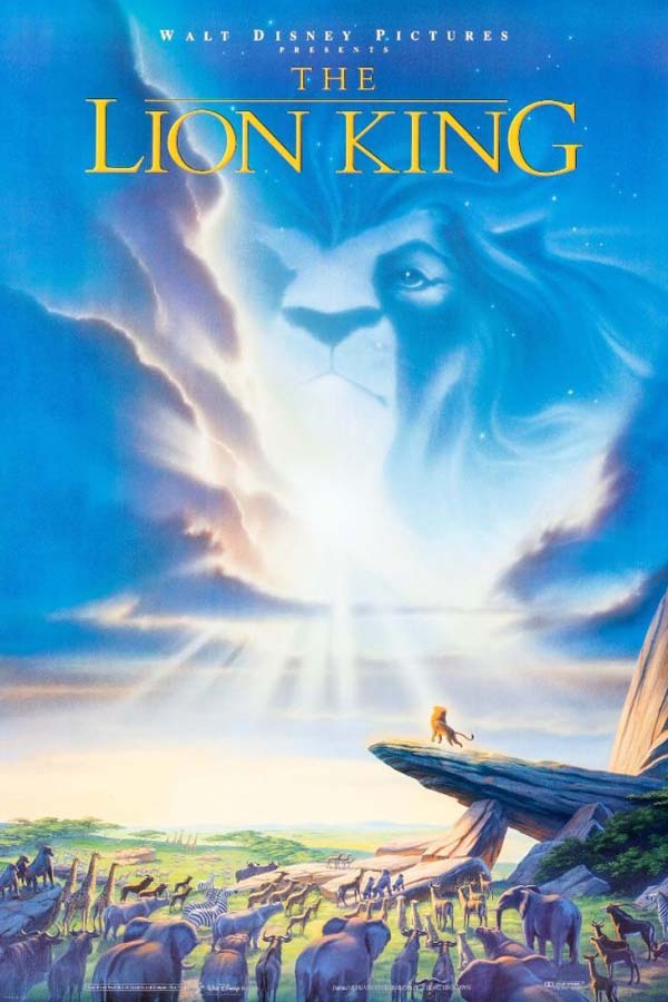 poster from the film "The Lion King" of Simba walking on a ledge with safari animals in the foreground