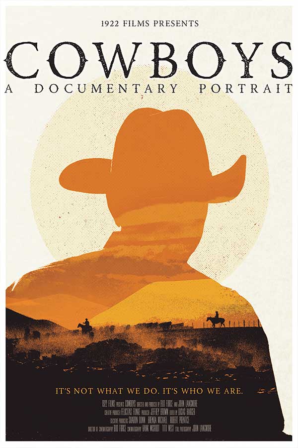 poster of a silhouette of a cowboy looking into the sunset