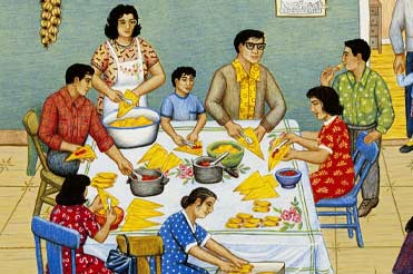 Colored drawing of a family sitting at a table making tamales