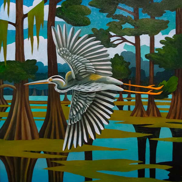 painting of a heron flying through a swamp