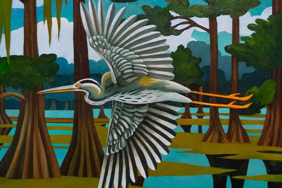 painting of a blue heron flying through a swamp