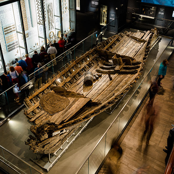 The preserved hull of La Belle is the centerpiece in the Bullock Museum's first floor Texas History Gallery.