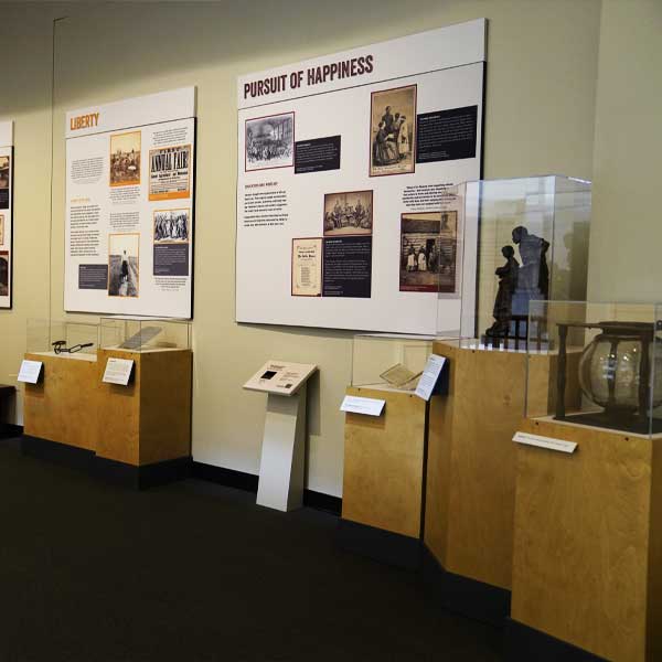 exhibit graphics and artifacts on display in the Bullock Museum exhibit