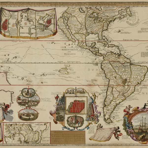 French map from 1730 with pictographs and an outline of North and South America