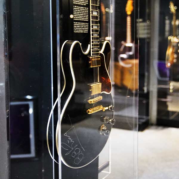 black electric guitar signed by B.B. King on display in the Bullock Museum