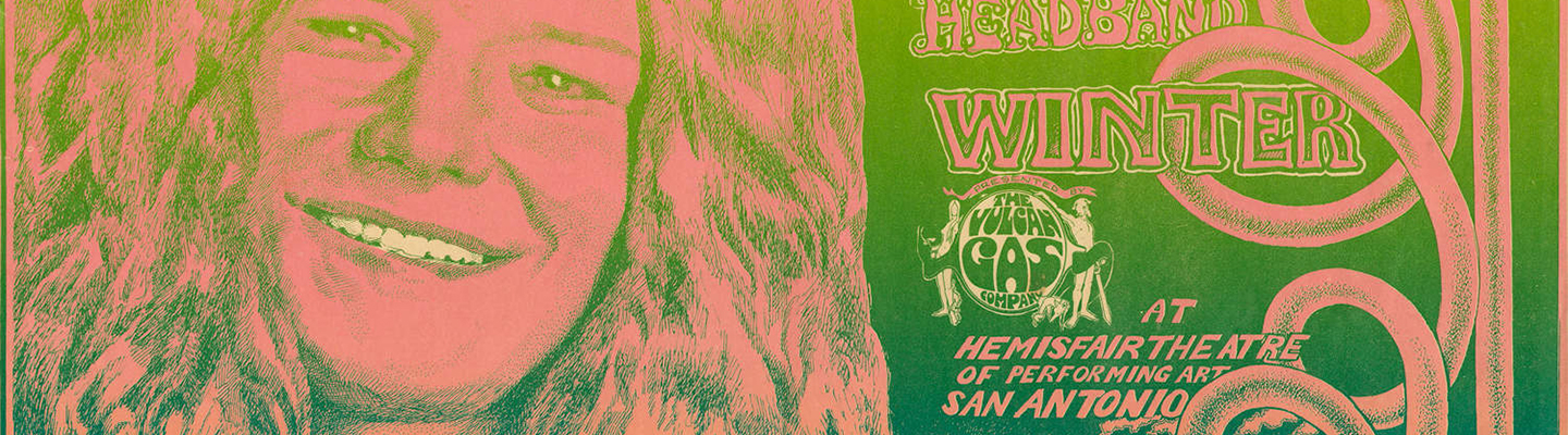 pink, green and orange poster advertising 1968 Janis Jopin concert at Hemisfair Theater in San Antonio