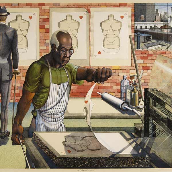 lithograph of a strong man pulling a print on a printing press