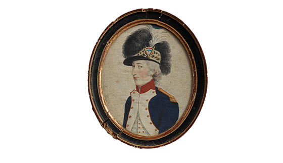 painted portrait of Marie-Henriette Heiniken in a black oval frame wearing a feathered hat and uniform