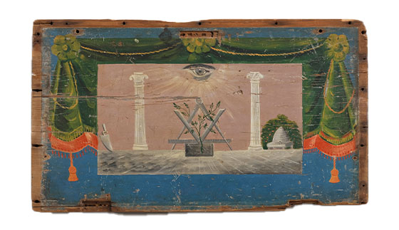 Chest Lid with Masonic Painting, 1825–1845. Courtesy American Folk Art Museum, Gift of Kendra and Allan Daniel, 2015.1.28