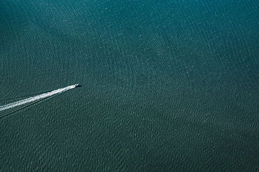 Lush green land of the Texas coastline meeting the ocean from the perspective of an airplane