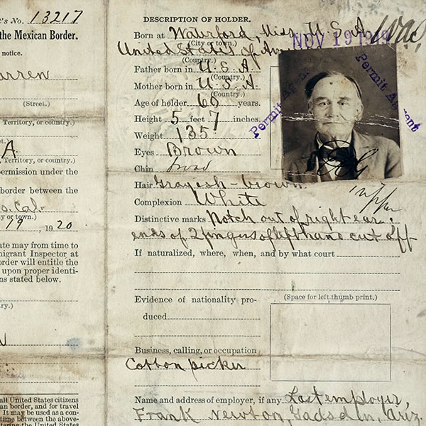 Tarjeta de Ciudadanía de Harry Warren, 1919. Cortesía de los Archivos de Big Bend, Colección Harry Warren, Sul Ross State University, Alpine