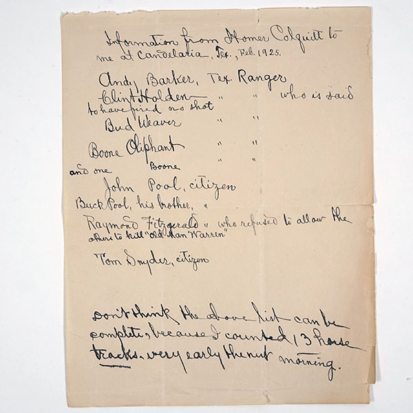Harry Warren’s notes, “Information from Homer Colquitt to me at Candelaria,” 1925. Courtesy Archives of Big Bend, Harry Warren Collection, Sul Ross State University, Alpine