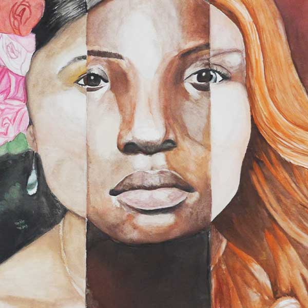 an illustration of three different women's faces, each a different race, making up a single face