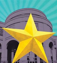 screenprint illustration of a gold star outside the Bullock Museum