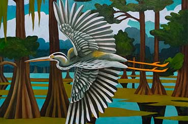 painting of a heron flying through a swamp