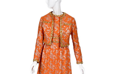 Orange, sequined cocktail ensemble by Oscar de la Renta, ca. 1968