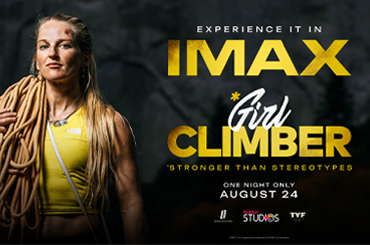 film poster for "Girl Climber", a blonde woman wearing climbing gear, she has a gash above one eye.