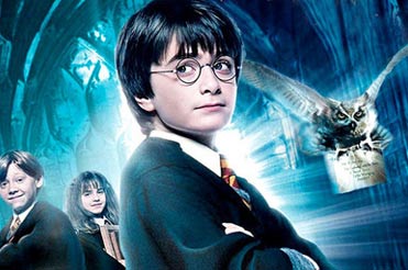 young Harry Potter against a blue cathedral and white owl flying next to him