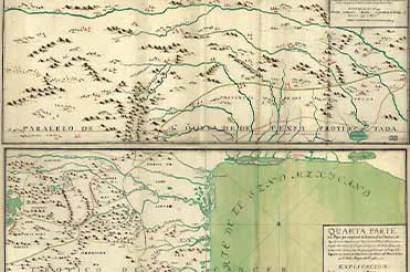 aged map depicting mountains with green lines and a green area in the corner