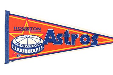 Blue, orange, yellow, and white pennant flag with the Houston Astrodome logo, reads "Houston ASTROS"