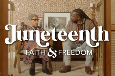 film poster of "Juneteenth: Faith & Freedom" of two Black adults sitting in chairs talking to each other