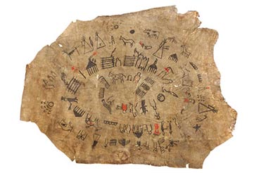 stretched hide with red and black markings that indicate a Lakota calendar