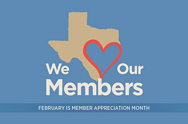 shape of Texas overlaid with a red heart and the words "Member Appreciation Month"