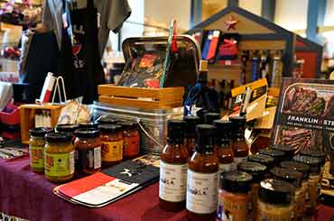 rows of Texas salsas and other Texas themed cooking items in the Bullock Museum Store