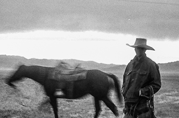 Black and white picture of a cowboy and horse