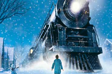 illustration of a boy in a blue coat looking up at an approaching train on a snowy night
