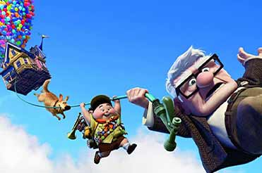 an old man and a child holding on to a big bunch of balloons attached to a house