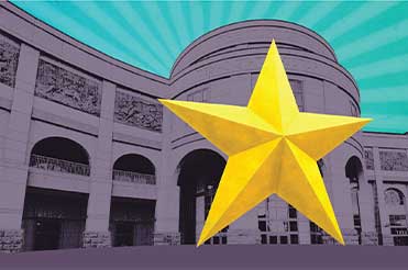 A graphic illustration of the exterior of the Bullock Museum with a purple overlay and a gold star in front