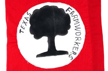 Bright red flag with a white circle in the middle. In the circle is a silhouette of a tree and text that reads, "Texas Farmworkers"