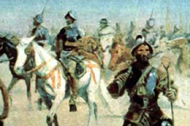 Painting of conquistador, Coronado, walking with a bayonet among members of the Karankawa tribe on horses