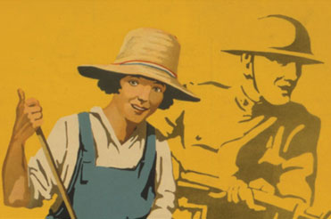 Cartoon of a woman with a produce basket and a WWI soldier is silhouetted behind her